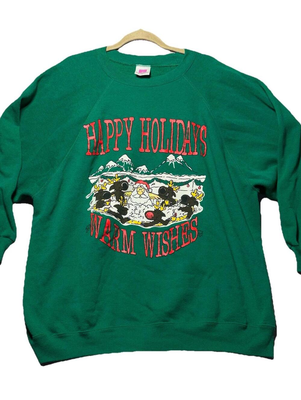 Vintage Christmas Happy Holidays Crewneck Sweatshirt 4X Santa Reindeers Hot Tub
